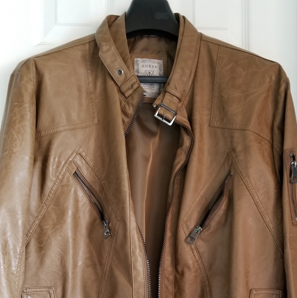 GUESS VEGAN/FAUX LEATHER BOMBER JACKET,  MEN (TAN)